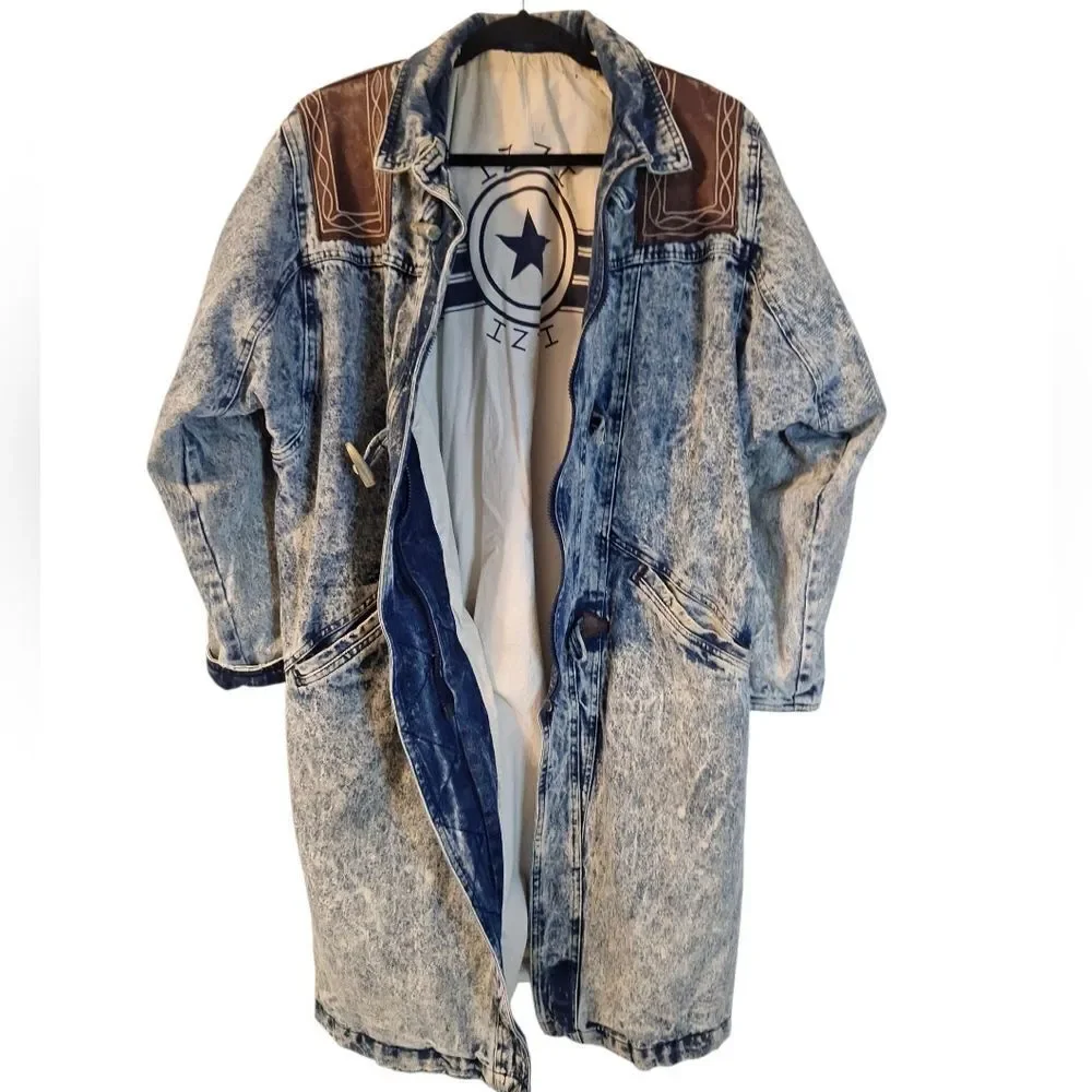 Izzi vintage 80s stone washed denim with leather accents long jacket/coat L - Picture 5 of 14